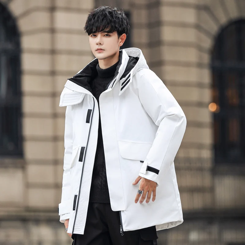 white eiderdown men handsome, fashionable, comfortable, long hooded down jacket simple, fashionable and versatile down windbre