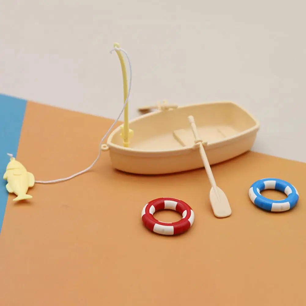 

1 Set Dollhouse Boat with Swim Circle Realistic Plastic Mini Paddle Boat Beach View Ornament Play House Toy for Micro Landscape