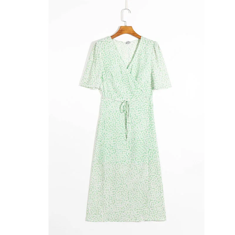 

Summer Women's Casual Flower Print V-Neck Short Sleeve Belt Decorated Slim Dress