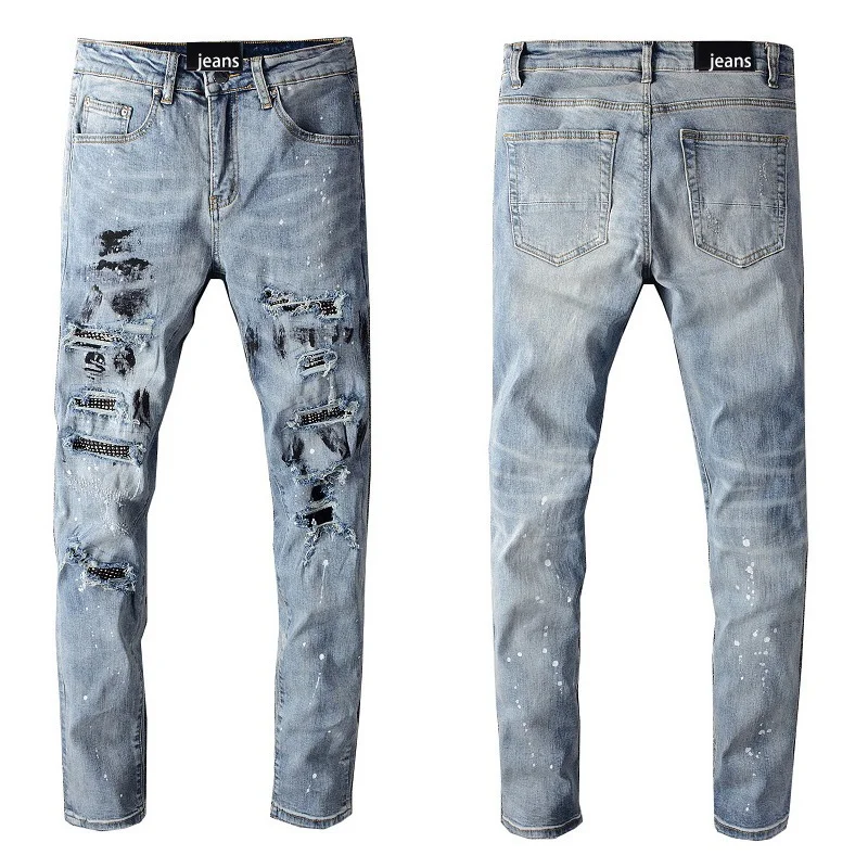 

Mens Ripped Streetwear Blue Pants Fashion Skinny Damaged Holes With Rhinestone Slim Fit Stretch Distressed Destroyed Denim Jeans