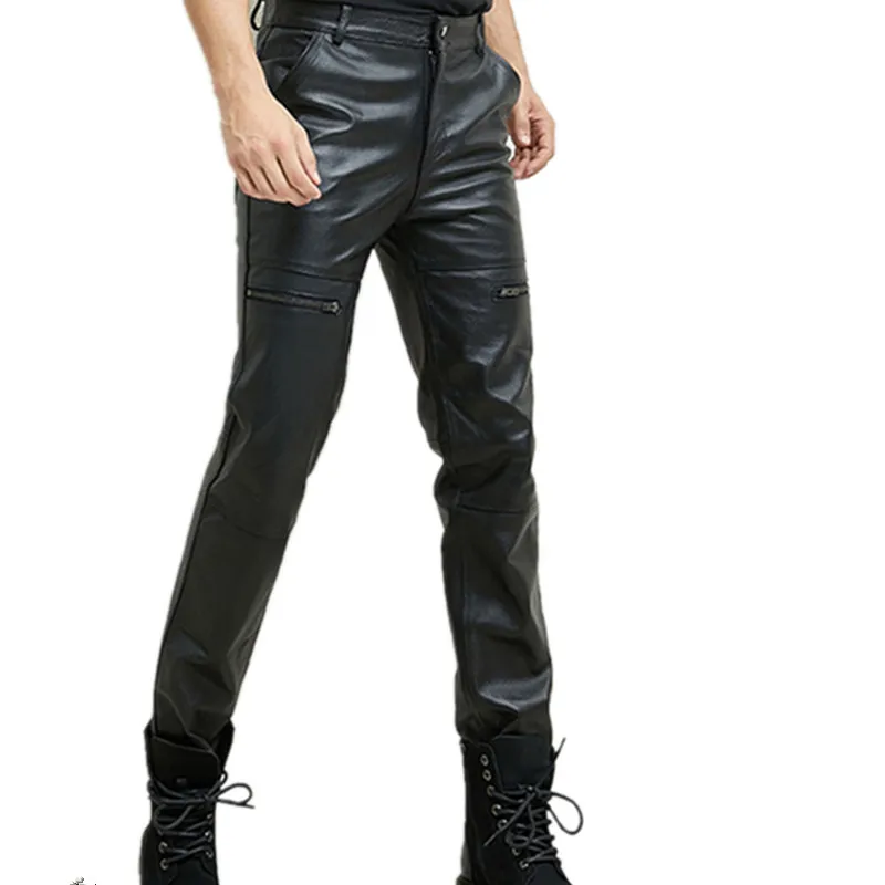 Men's Leather Pants Slim Straight Trousers Genuine Cowhide Personality Spring Autumn