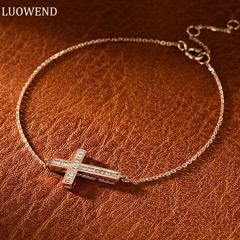 

LUOWEND 100% 18K White or Rose Gold Bracelet Elegant Cross Shape Real Natural Diamond Bracelet INS Style Party Jewelry for Women