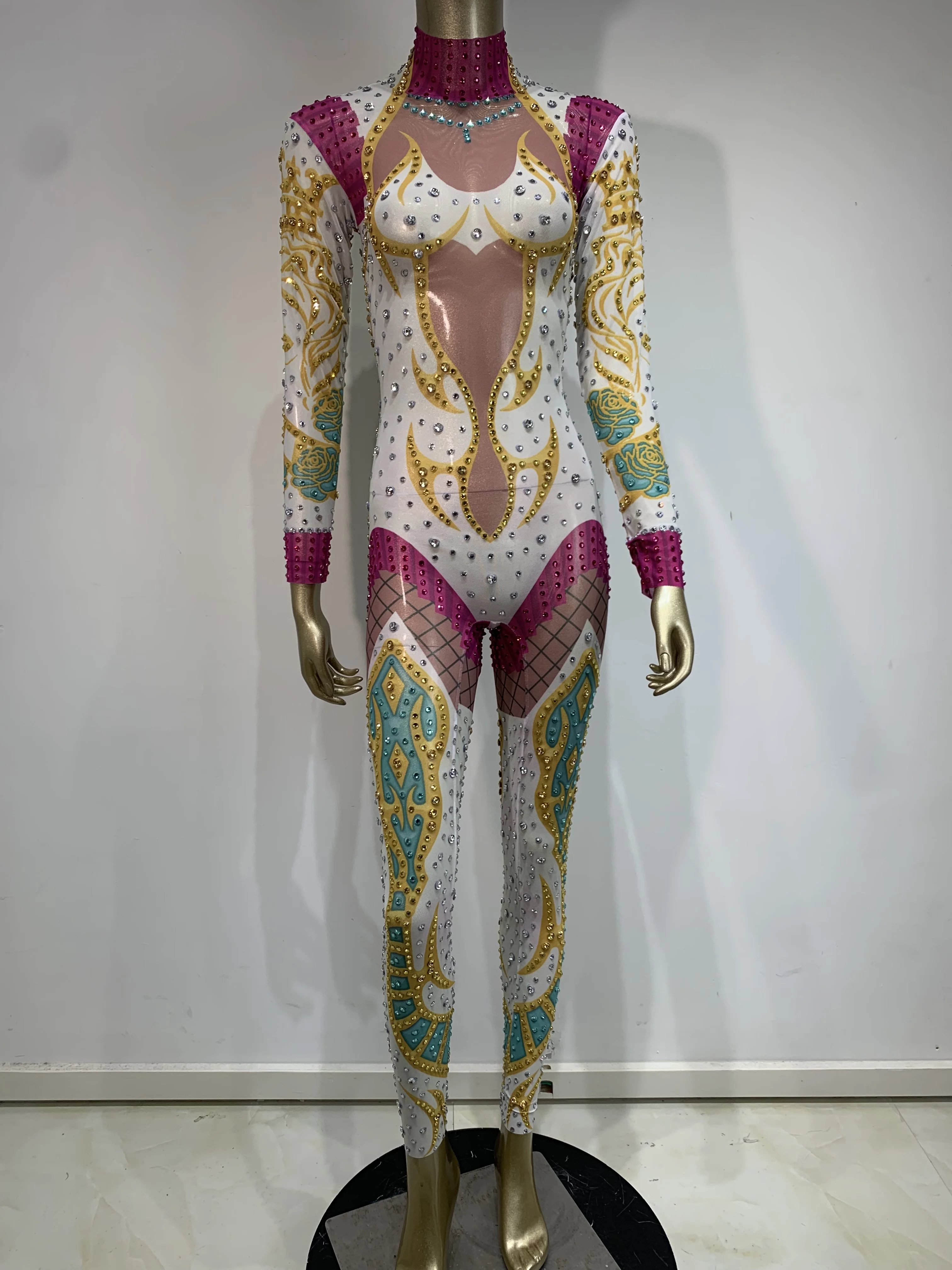 Блестящий эластичный комбинезон со стразами сексуальный костюм танцовщицы с