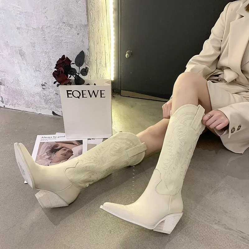 

Toe Women's Shoes Embossing Pu Leather Shoes Women Cowboy Boots Pointed Knee-High Boots Chunky Wedges Shoes