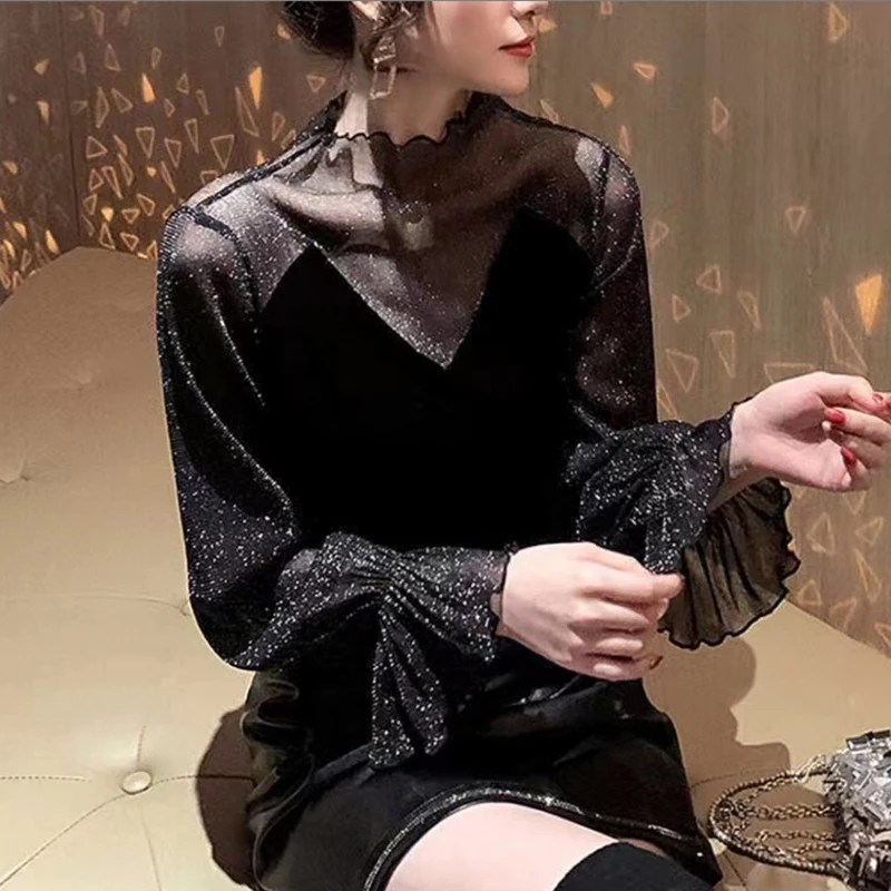 

Thin/Thick Elegant Ladies Black Chiffon Blouses New 2022 Fall Bright Silk Lace Mesh Shirts Sexy Black Lace Mesh Patchwork Tops
