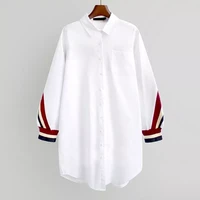 2022 white loose button up stripe bandage shirts women blouses turn down collar woven long sleeve ladies tops