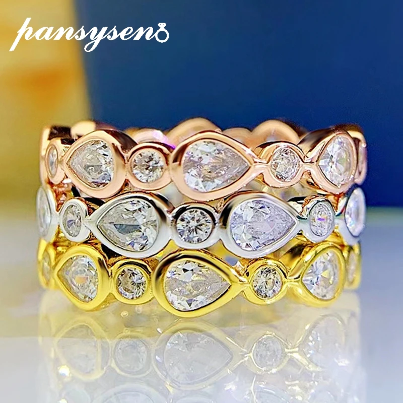 

PANSYSEN Vintage 18K Yellow Gold Rose Gold Color Pear Cut High Carbon Diamond S925 Silver Jewelry Wedding Bands Engagement Ring