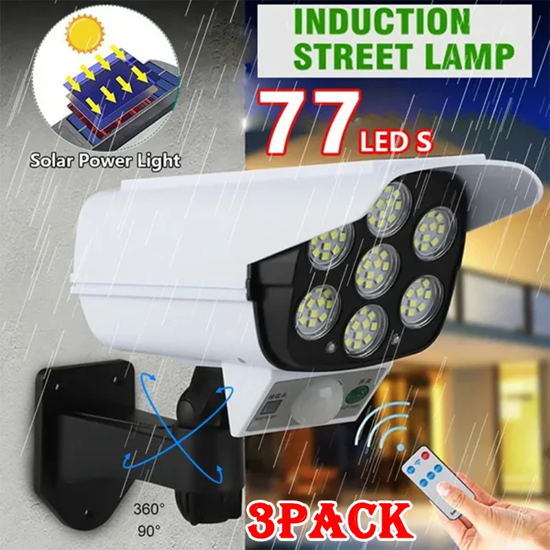 

3Pcs Solar LED Light Outdoor Motion Sensor Dummy Camera Wireless Security Flood 77LED Light Waterproof Lamp For Home Garden Yard