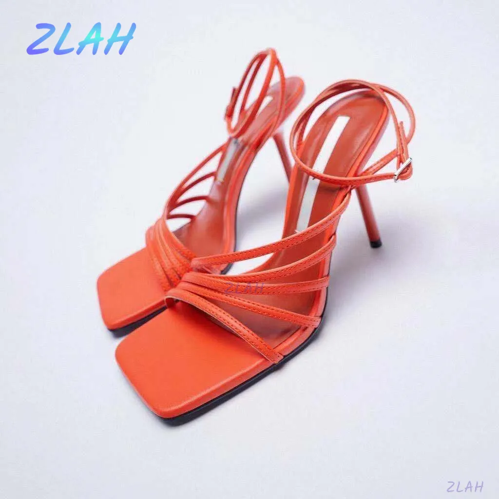 

Sexy High-heeled Women's Sandals Zlah Summer Sandals Stiletto Orange Pink Open Toe Fashion Party Shoes Thin Strap Combination