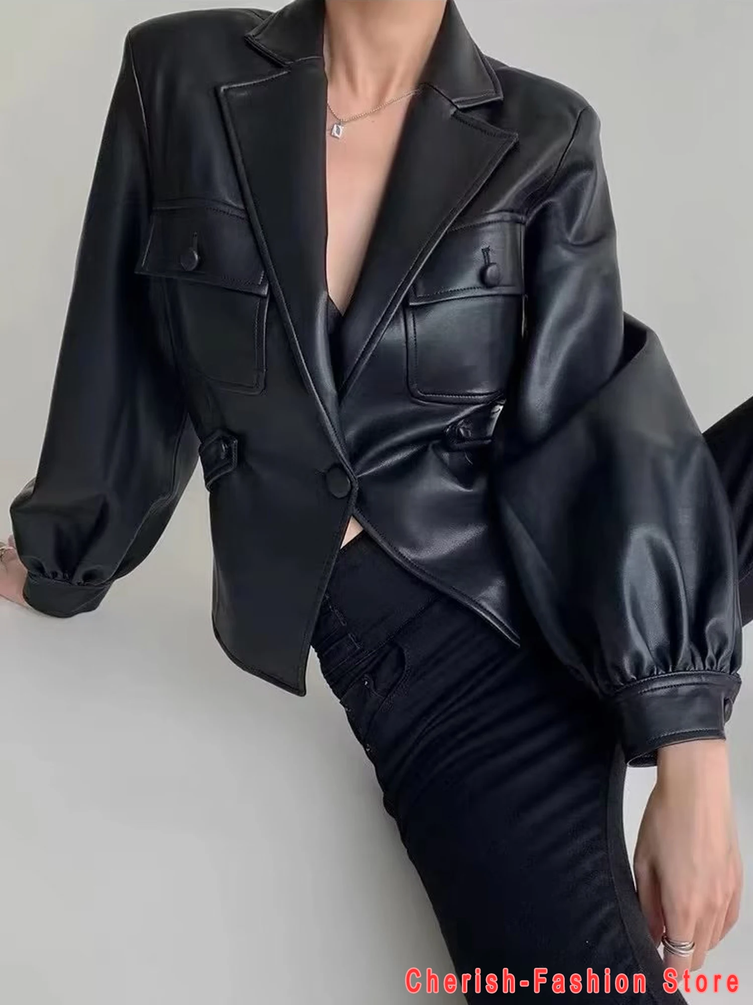 Women Faux PU Leather Jacket Metal Single Button Vintage Long Sleeve Blazers Pockets Female Black Suit Coat 2022 New Women Coat