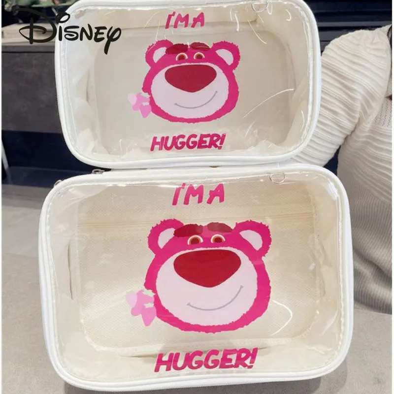 Disney Strawberry Bear New Makeup Bag Fashion High Quality Waterproof Transparent Wash Bag Multi Functional Storage Handbag