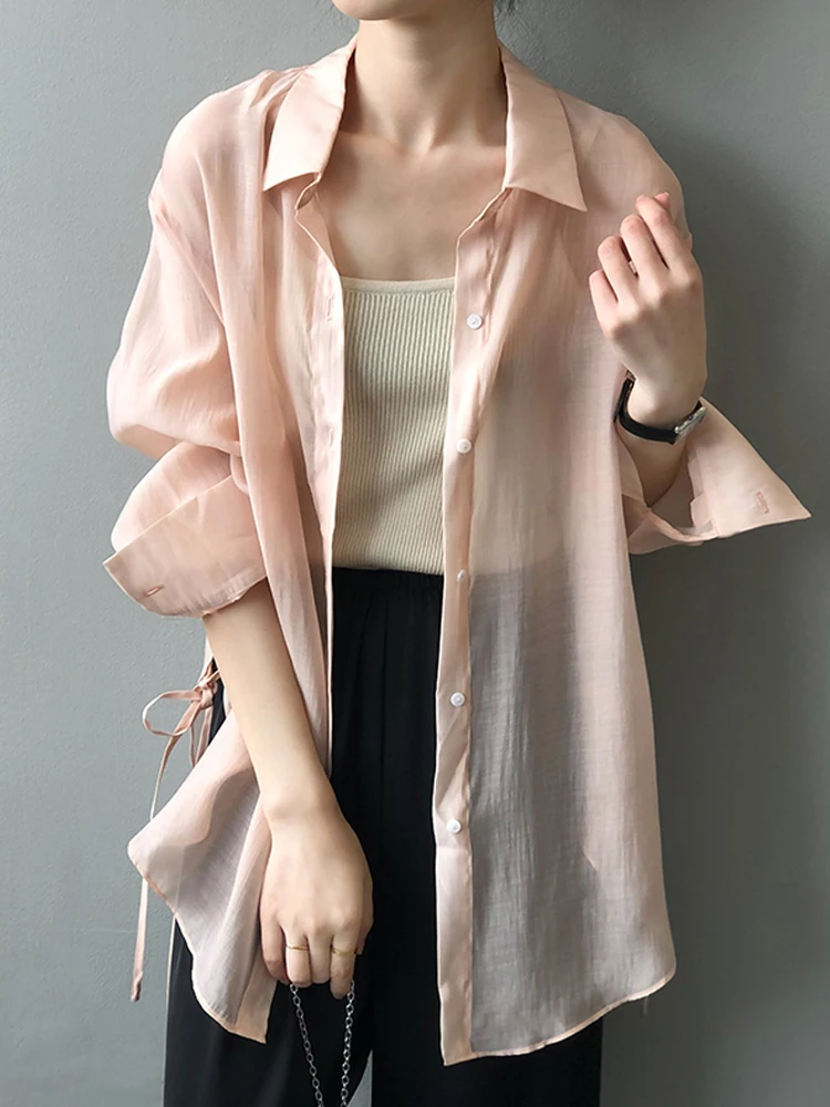 

ZOMRY Women White Pink Lyocell Shirts Summer Korean Women's Button Lapel Cardigan Top Lady Loose Thin Long Sleeve Shirt Blouses