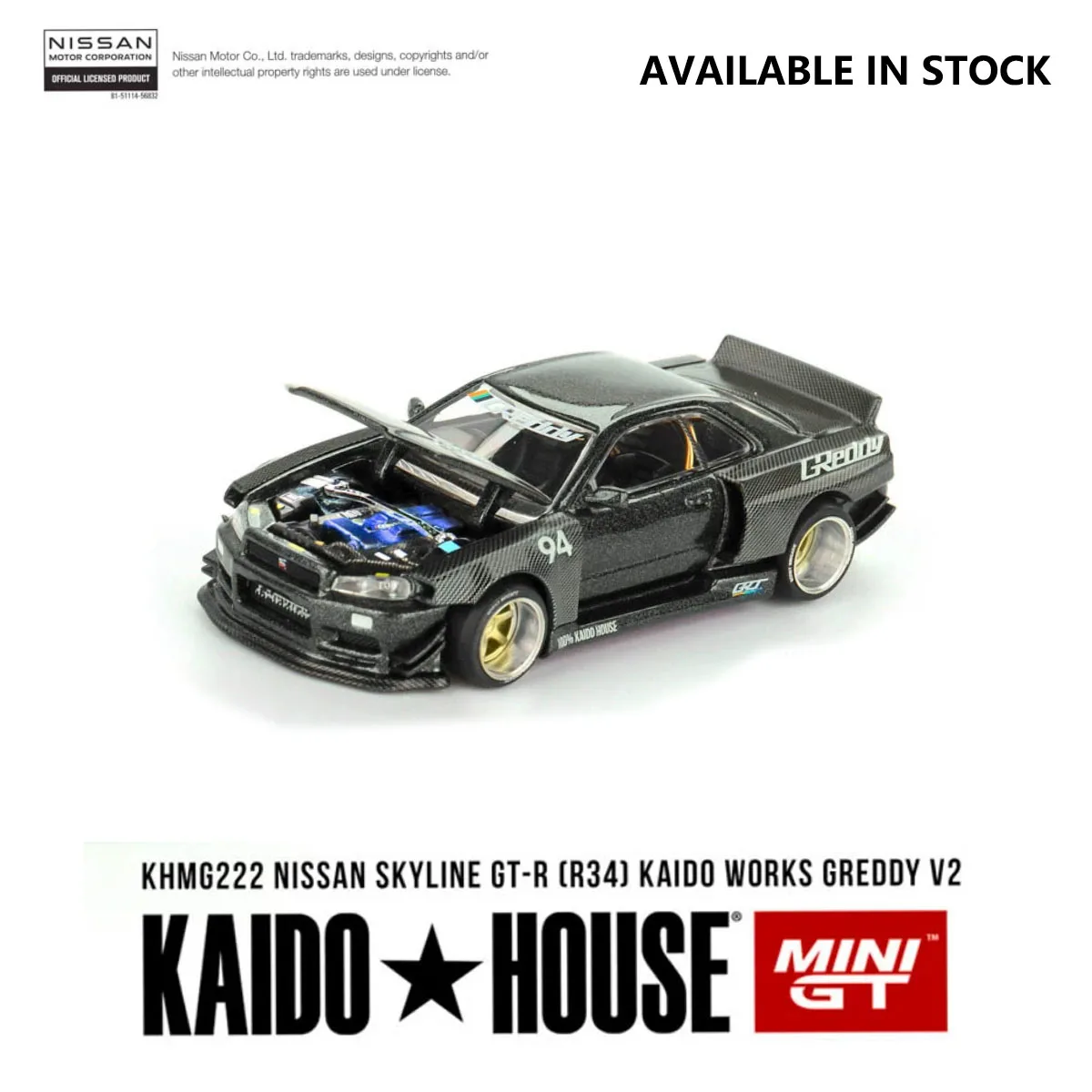 Фото Миниатюрная модель автомобиля Mini GT x Kaido House 1:64 Nissan Skyline GT-R R34 Kaido Works Greddy V2 из полностью карбонового сплава # KHMG222 В наличии №2