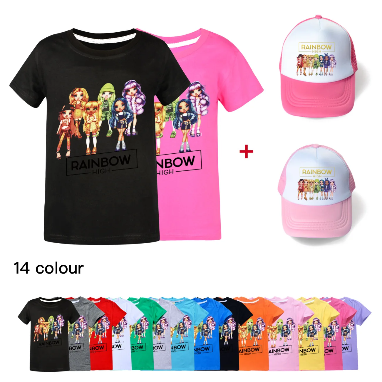 Футболка с рисунком радуги и шапка для маленьких девочек топы детская одежда