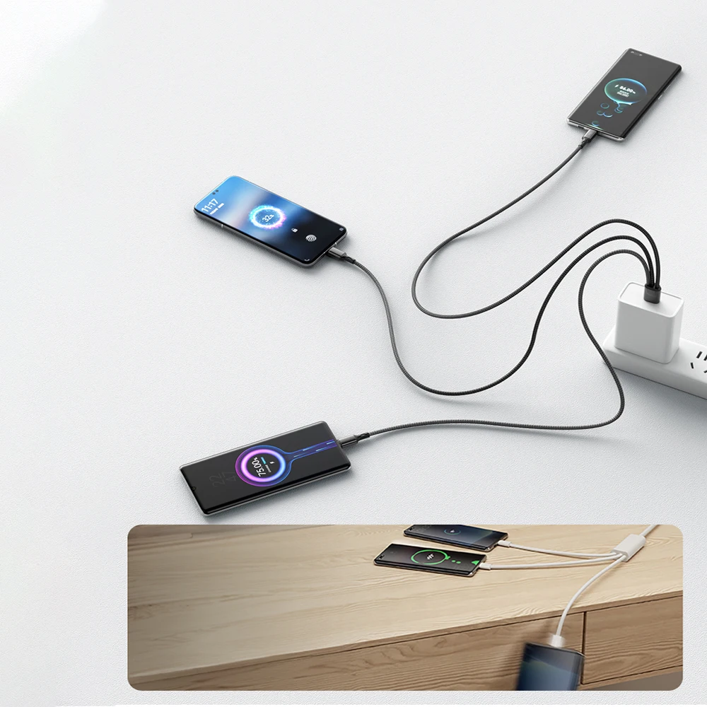 3 в 1 USB на × Тип - C Кабель 100 Вт 6 А для быстрой зарядки Samsung S24 Xiaomi Huawei android телефон usb c