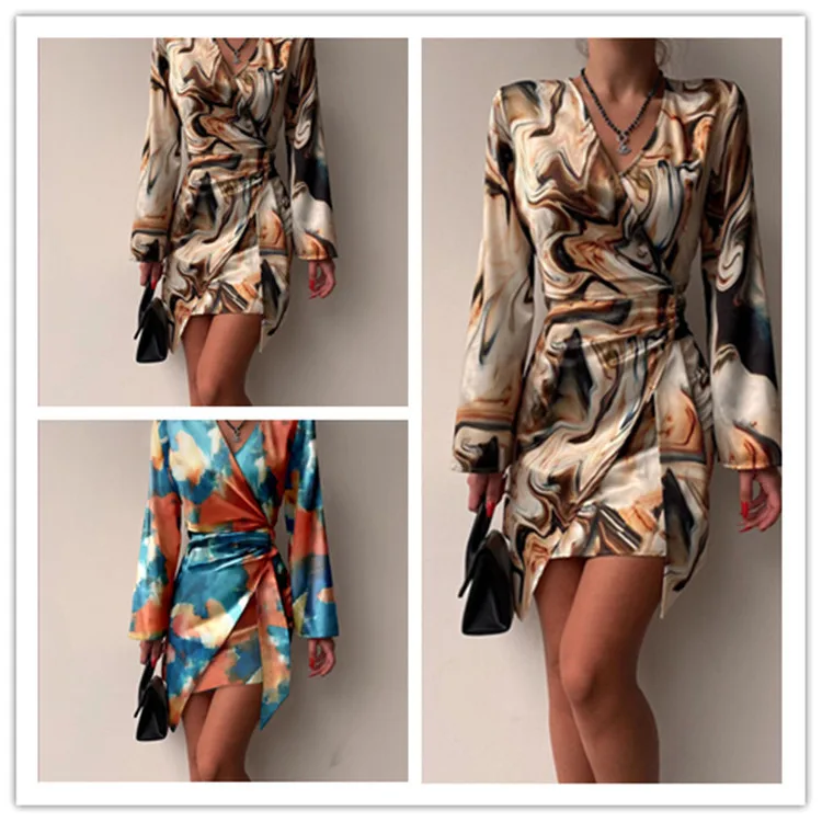 

New Long Sleeve Trend Print Dress V-neck Sexy Short Dress