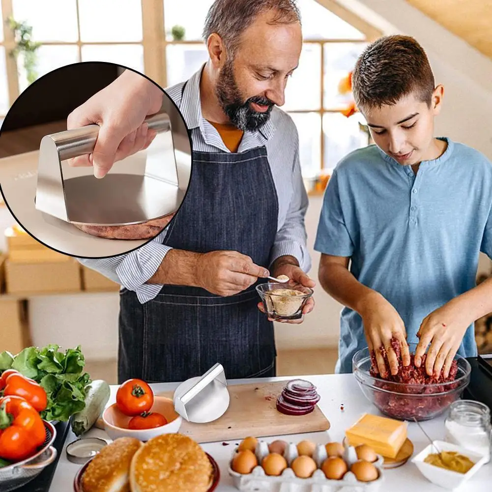 

Ручной стальной круглый пресс для бургеров, антипригарный гриль, кухонный инструмент Smasher, новинка 2022, пресс для гамбургеров, мяса, пирога L4V3