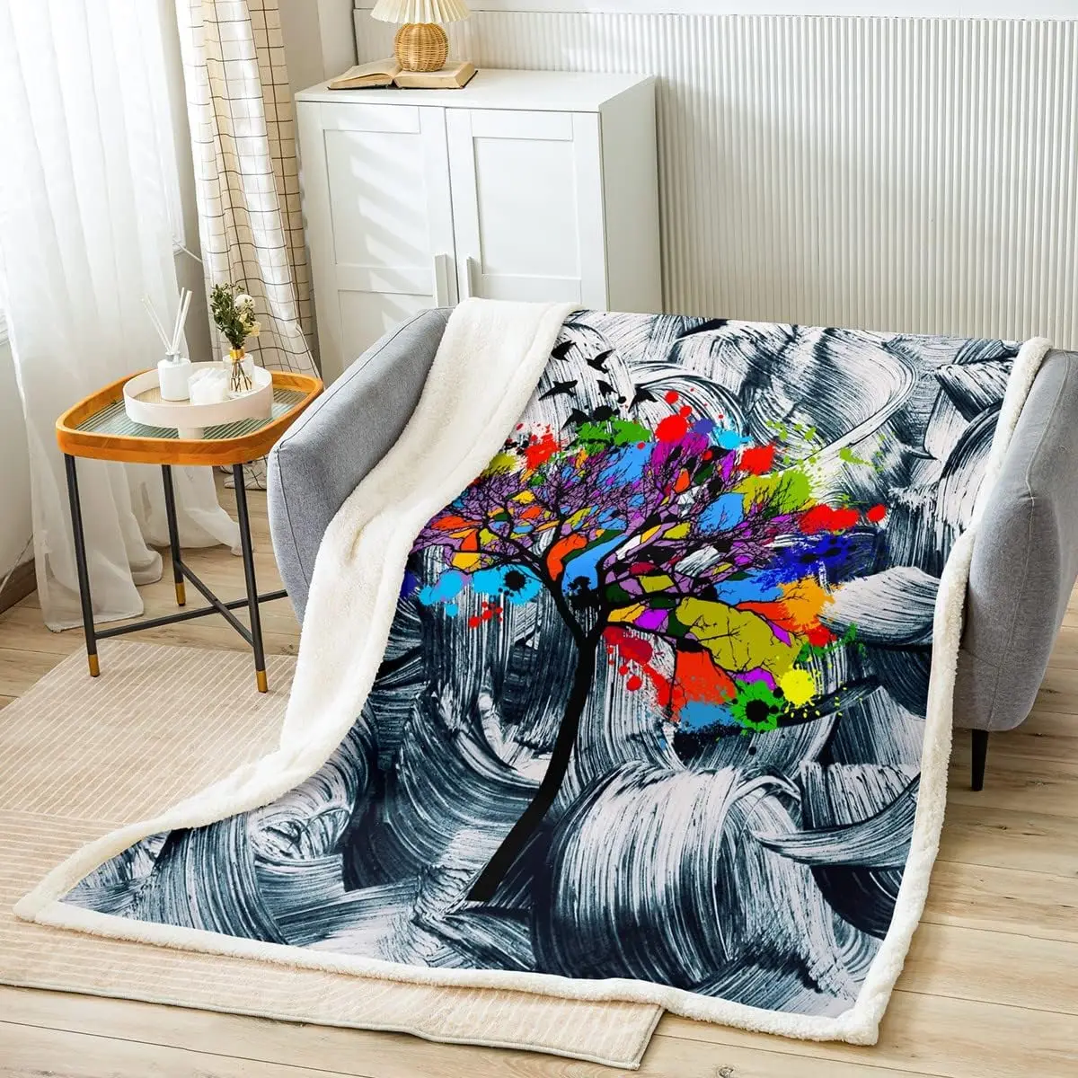 

Watercolor Tree Artwork Kids Throw Blanket,Hand-painted Graffiti Tie-dye Bed Blanket,Girls Boys Adults Xmas