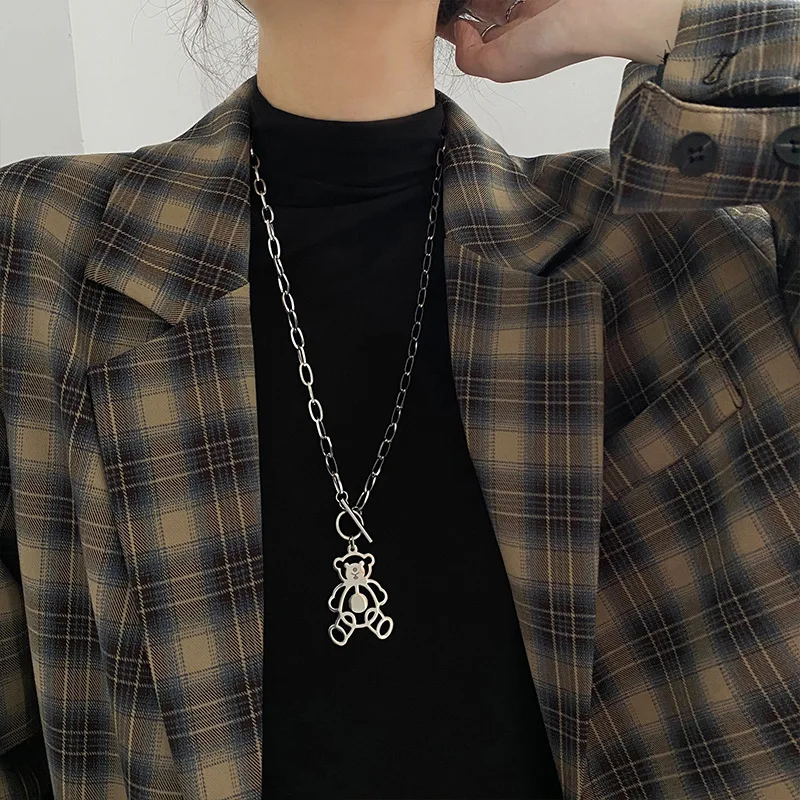 

Korean INS Hip-Hop Hollow Out Bear Couple Titanium Steel Necklace OT Chain Long Jumpy Pendant For Men And Women Jewelry