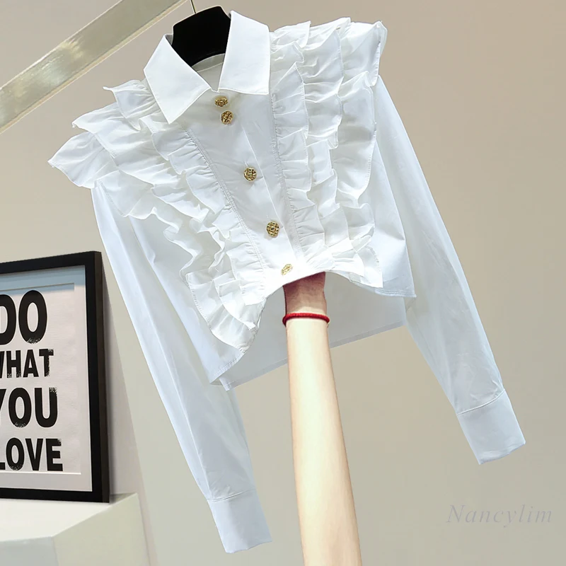 

Ruffled Stitching Long-Sleeved Shirt Women 2022 Early Autumn New Korean Style Loose Solid Color High Waist Short Blouses Lady