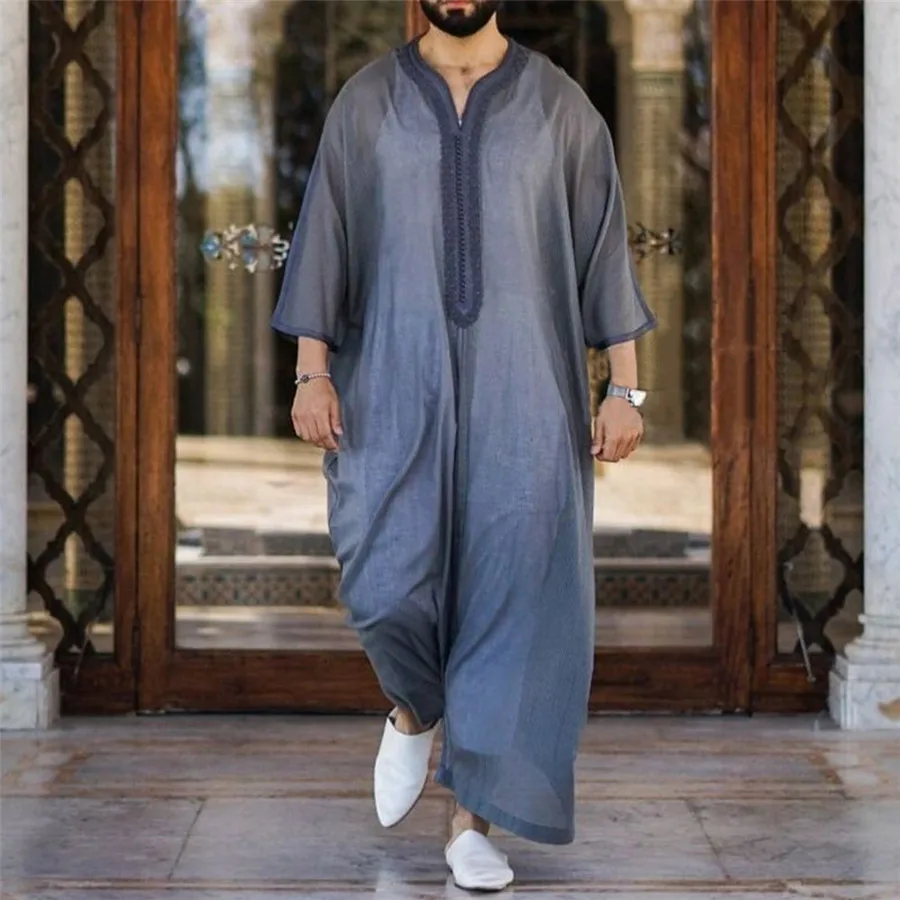 

Абайя мужская серая мусульманская Jubba Thobe с V-образным вырезом и рукавом до локтя кафтан Саудовская Аравия халат винтажная мусульманская Арабская одежда для мужчин кафтан