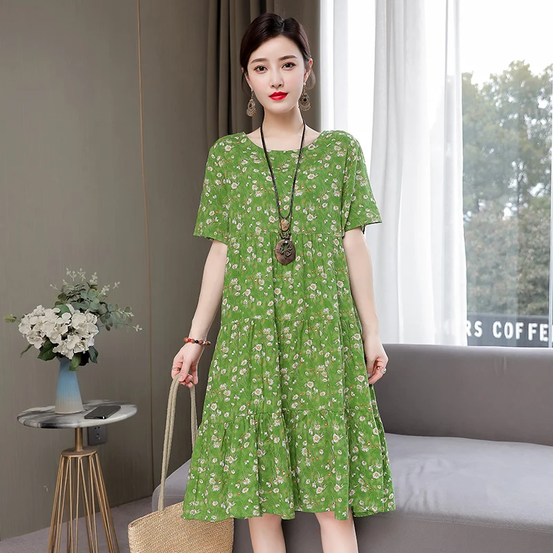 

2022 Womens Sundress O-Neck Vintage Midi Dress Female Short Sleeve Loose Summer Boho Dress Casual Summer Women's Dresses