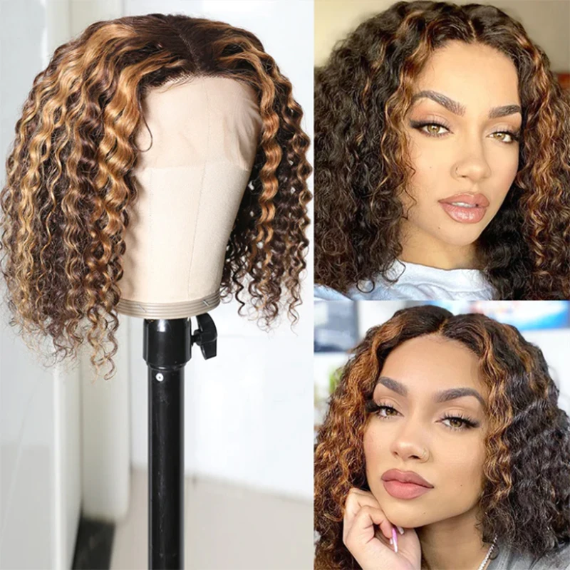 

Short Bob Kinky Curly HumanHair Highlight Ombre Blonde With 4x4 Silk Base Full Lace Wig Babyhair Preplucked Remy Peruvian Hair