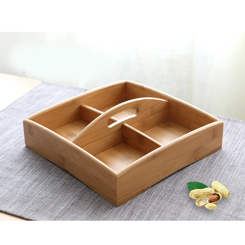 

Solid Wood Tray With Handle Square Wooden Divided Serving Trays 4 Compartments Nut Candy Snack Storage Organizer Table Tray