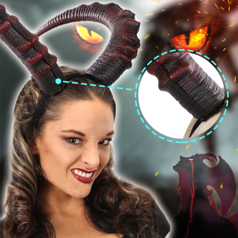 

28GD Gothic Halloween Cosplay Costume Hair Accessories Realistic Black Red Long Devils Horn Headband Festival Carnival Party