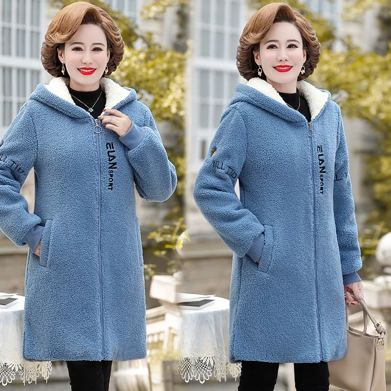 2022 Women Jacket long Lambswool Plus Velvet Cotton Coat Winter Female Overcoat Hooded Warm Lady Outerwear Mother Clothes 5XL