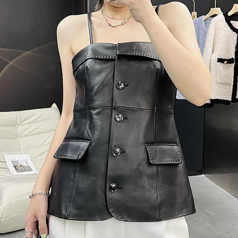 2022 Spring New Arrival Women Hot Sell Fashion Single Breasted Genuine Leather Sleeveless Sling Short Coat