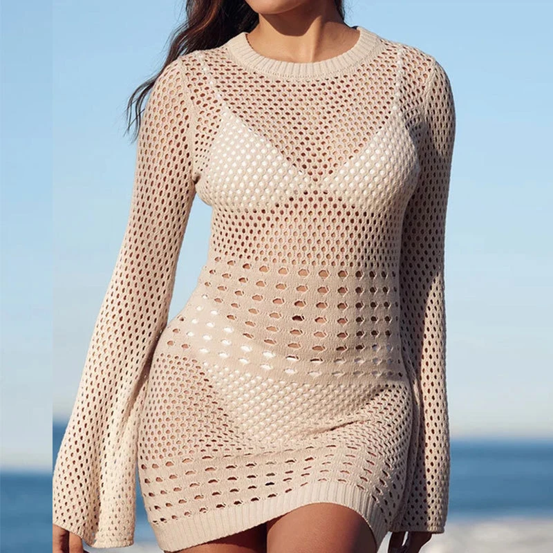 

Летние блузки для женщин 2023, накидка на купальник, Пляжная Новинка, вязаное платье с длинным рукавом, ажурное бикини, однотонное бикини из полиэстера