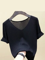 2022 fashion short sleeve womens t shirt tops knitted v neck knitted tees shirts femme slim thin solid casual top