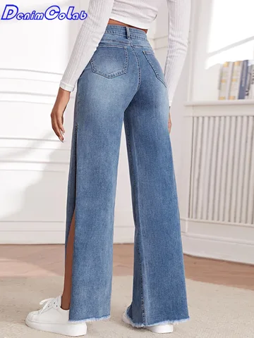 DenimColab Fashion High Split Wide Leg Pants Jeans Women Fringe Elastic Casual Loose Jeans Lady Stretch Streetwear Jeans Trouser