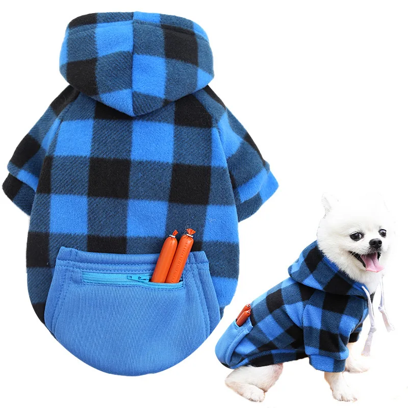 Plaid Print Dog Hoodie Sweatshirt Warm Fleece Pet Clothes with Hat and Pockets Sport Dogs Clothing Coat & Jacket