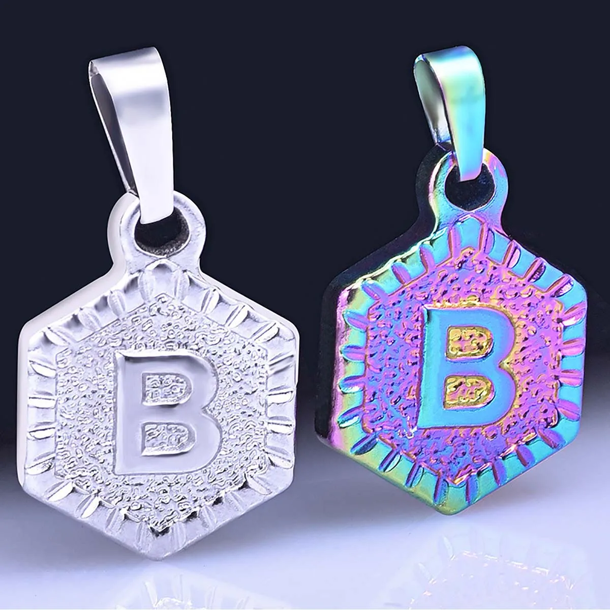 

2Pcs Stainless Steel Necklace 26 Letters of the Alphabet A-Q Colorful Mirror Fine Polished Hexagonal Pendant Necklace