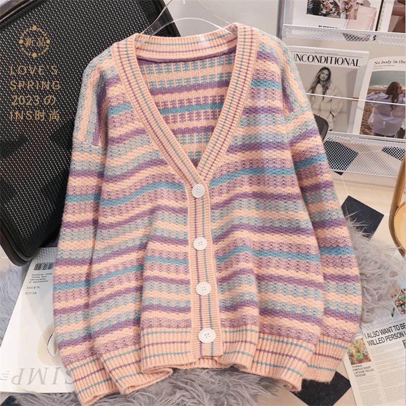 

2023 New Spring Autumn Stylish Cardigan Knitted Coat Women's Clothing Jersey Tops Girls Short Striped Sweater Jackets BC497