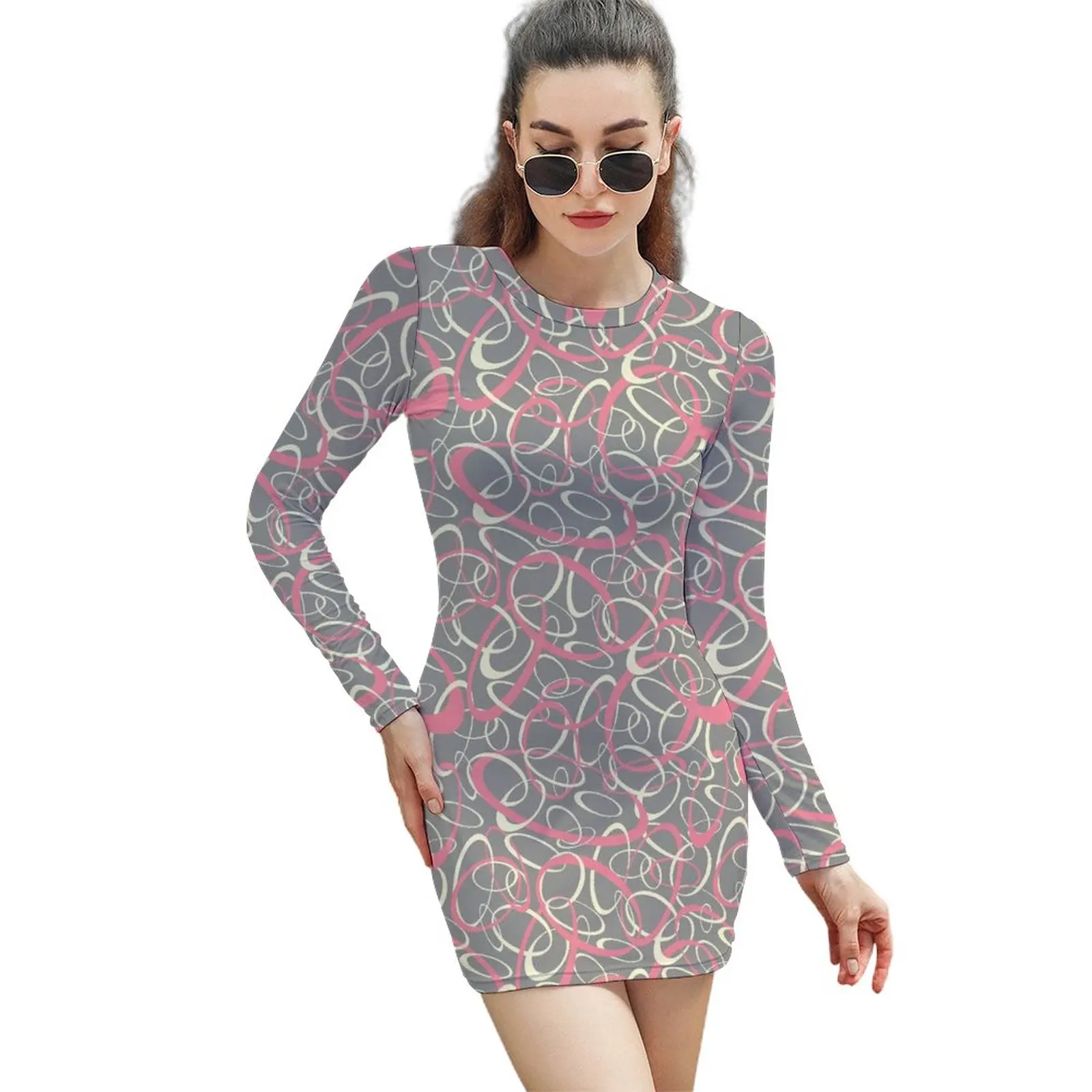 

Retro Mod Bodycon Dress Womens Pink Gray Geometric Kawaii Dresses Autumn Long Sleeve Streetwear Design Dress Big Size 2XL