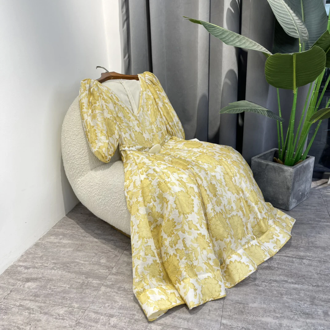 

Праздничные летние платья 2022, Лидер продаж, элегантные льняные шелковые желтые платья средней длины с V-образным вырезом и цветочным принто...