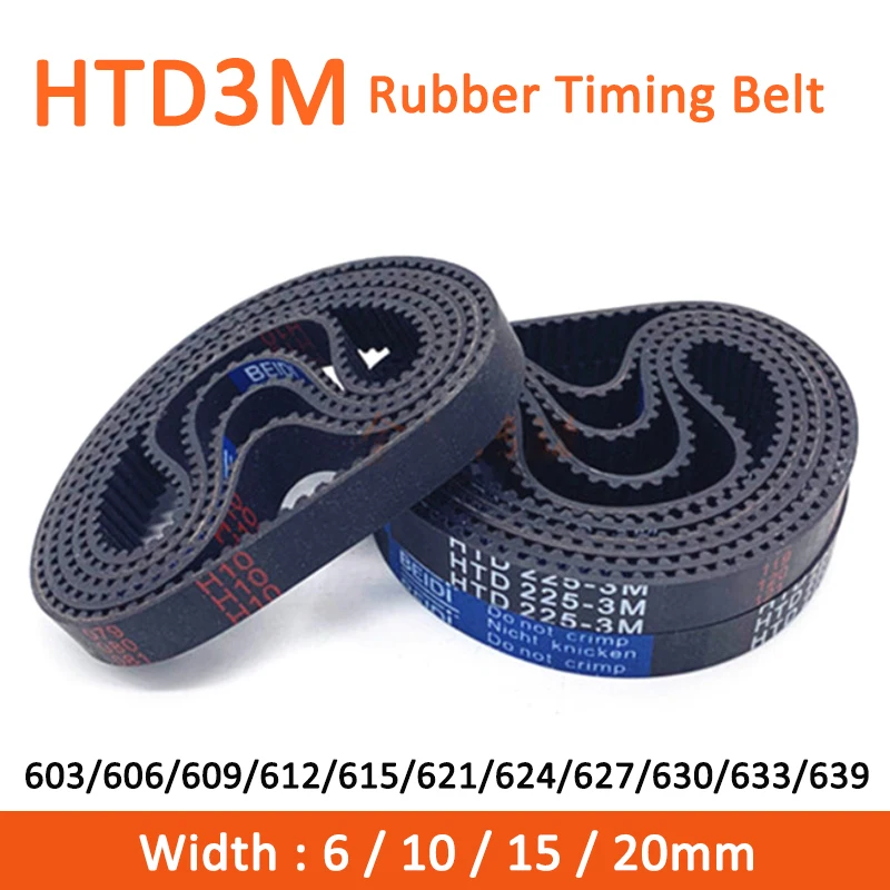 

1pc HTD3M Timing Belt 603/606/609/612/615/621/624/627/630/633/639mm Width 6/10/15/20mm Rubber Closed Synchronous Belt Pitch 3mm