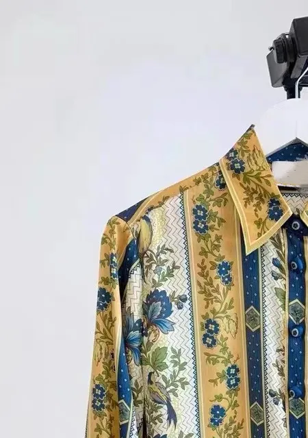 

Женская Лоскутная Блузка с цветочным принтом, однобортная шелковая рубашка или широкие брюки