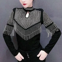 black long sleeve tshirt shiny rhinestone tassel tops 2022 korean fashion hollow turtleneck women pullover clubwear dj dance top