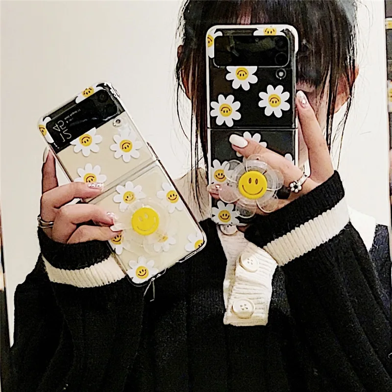 

Smiling Face Daisy Phone Stand Case for Samsung Galaxy Z Flip 3 5G PC Back Cover for ZFlip3 Protective Hard Case Shell