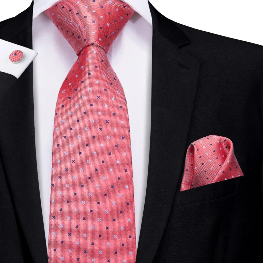 Coral Pink Dot Silk Wedding Tie For Men Handky Cufflink Gift Mens Necktie Fashion Designer Business Party Dropshiping Hi-Tie | Аксессуары