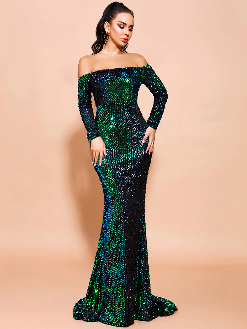 Sexy Backless Blue Sequin Mermaid Formal Evening Dress Slash Neck Trailing Long Prom Party Gowns Long Sleeve Mermaid Dress
