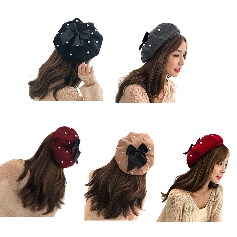 

Solid Color Beret Elegant Bow Pearls Painter Hat All-match Octagonal Hat Windproof for Winter Must-have for Women Girl