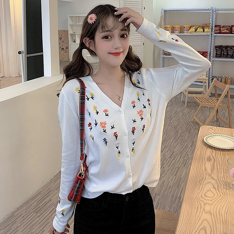Кардиган с вышивкой женский свитер длинным рукавом летние топы тонкий простой