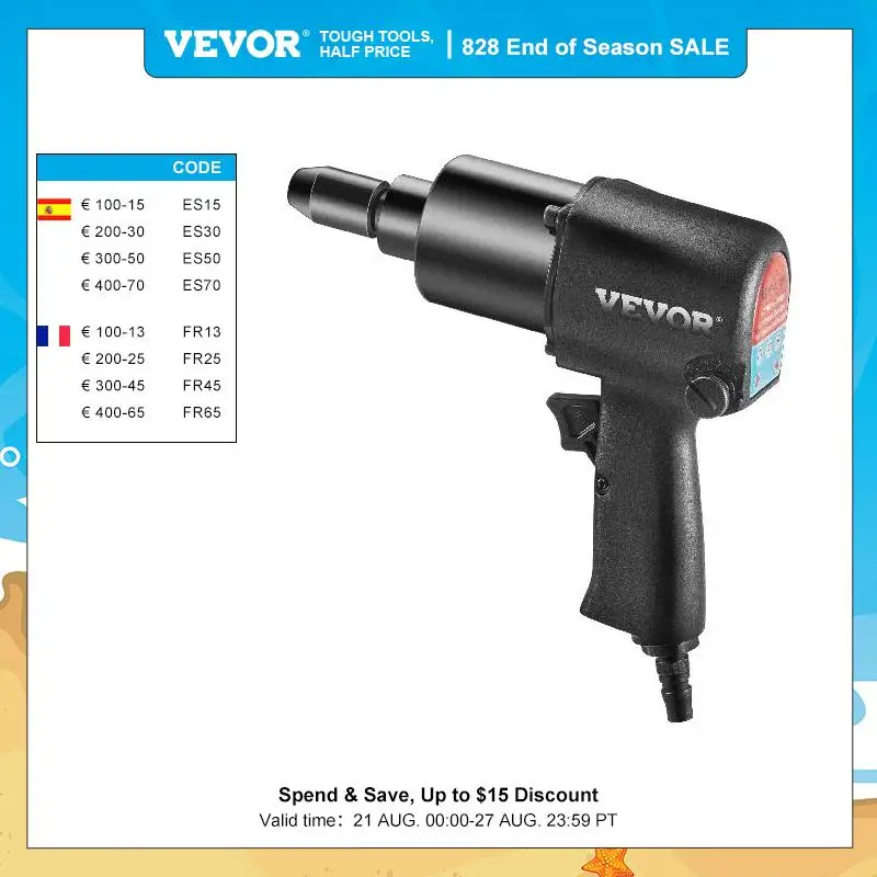 VEVOR 1/2in Pneumatic Impact Wrench Spanner Torque 660N.m Auto Spanner Key Professional Tire Nut Sleeves Repair Workshop Tool