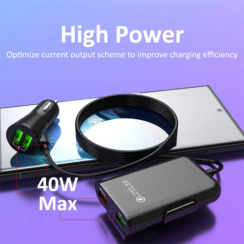 Фото Кабель-удлинитель для быстрой зарядки QC3.0 с 4 USB-портами для iPhone 17/16, автомобильное зарядное устройство для видеорегистратора №2