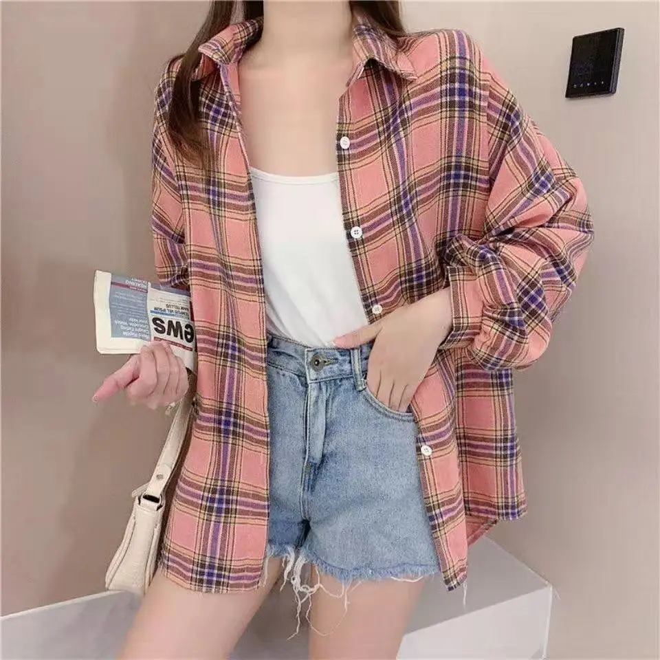 Женская блузка в Корейском стиле весна 2022 хлопковая рубашка клетку одежда для